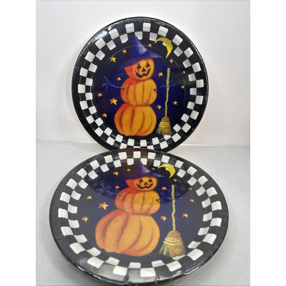 VTG 00's Halloween‎ Paper Party Plates Set Of 16 10.25" Checker Pumpkin Man NOS